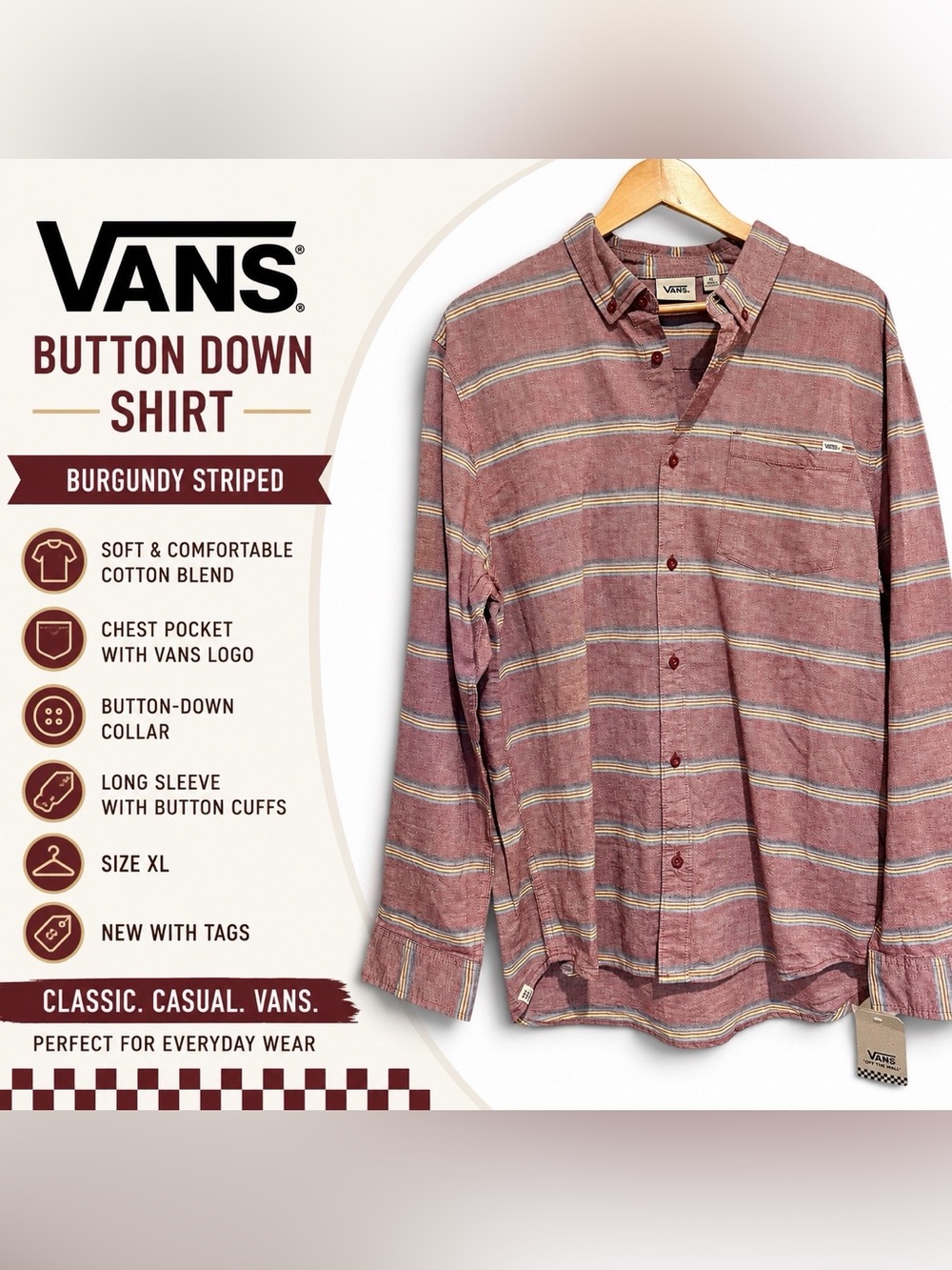 Vans Button Down Shirt XL NWT Burgundy Striped Long Sleeve Pocket Casual Skate